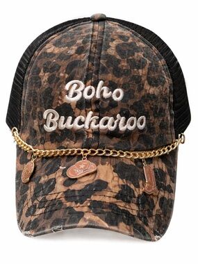 NWT PINK LILY Boho Buckaroo Leopard Print Trucker Hat with Gold Charm Chain